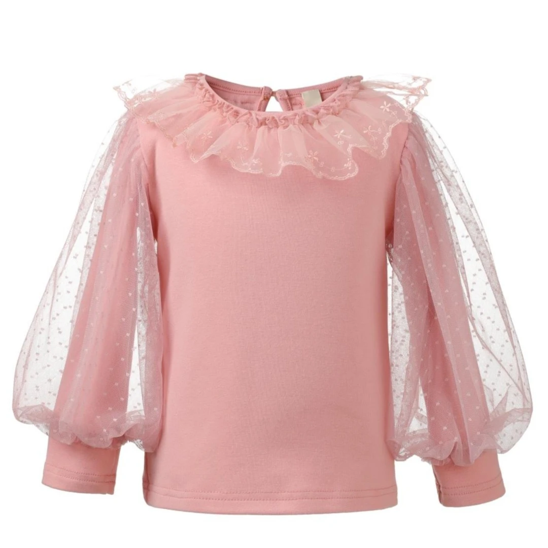 儿童时尚可爱泡泡袖蕾丝花边卫衣打底衫2024上新款上衣秋冬通用
