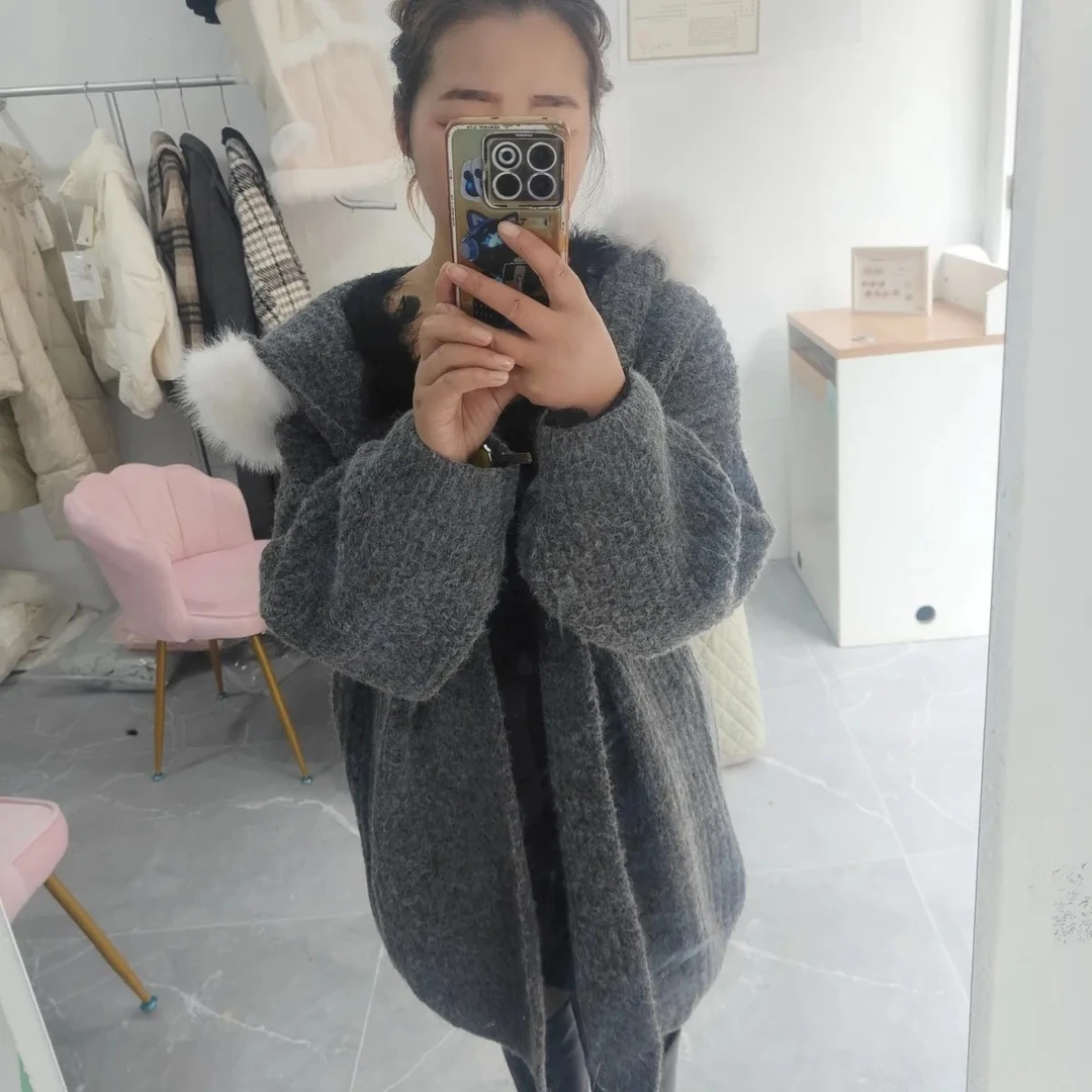 对襟毛针织衫女中长款常规袖宽松百搭女装针织冬季加厚