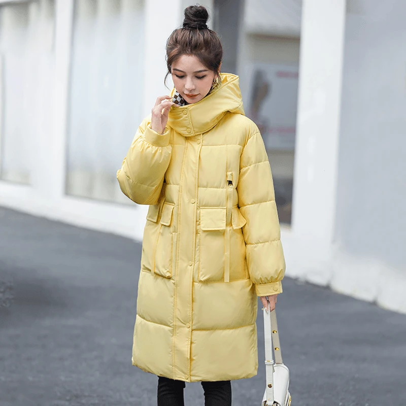 2025年新品羽绒棉服女中长款连帽拼色棉衣韩版休闲时尚加厚外套潮