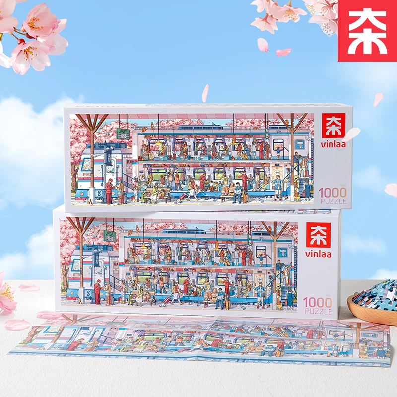 为㚓潮品VINLAA拼图成人1000片春天樱花列车动漫卡通插画解压玩具
