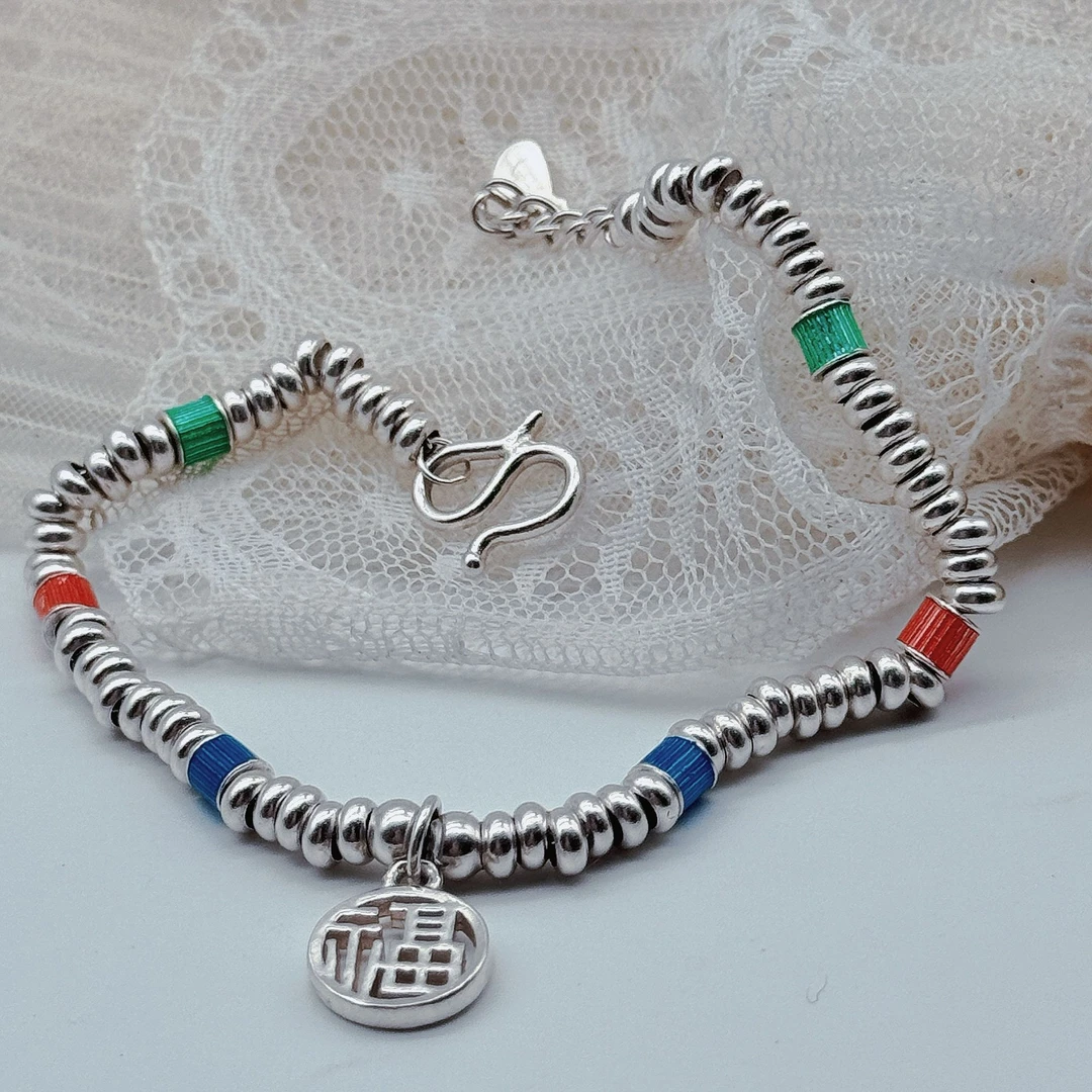 足银珐琅手链 彩色多巴胺福牌手链足银990简约小众精致纯银手饰