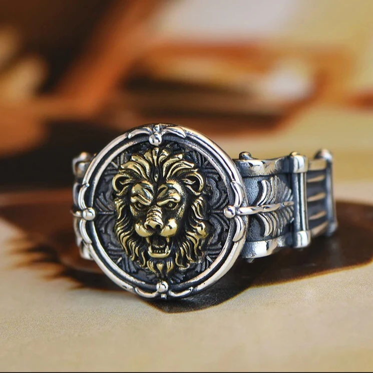 足银戒指 狮子王戒指足银990做旧潮流纯银男士可调节指环小众设计