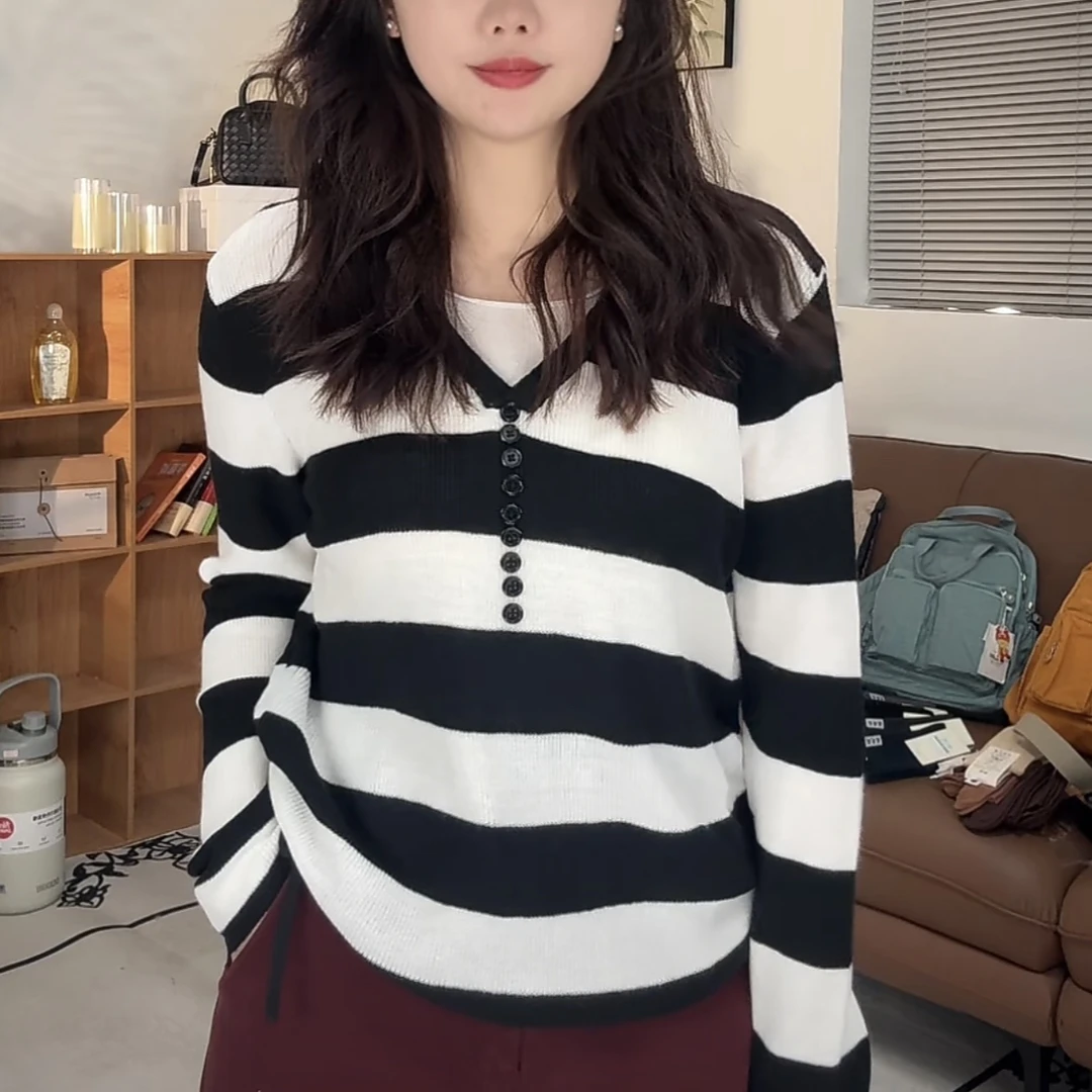 新疆包邮【衣长58】- MY095#撞色领条纹针织衫