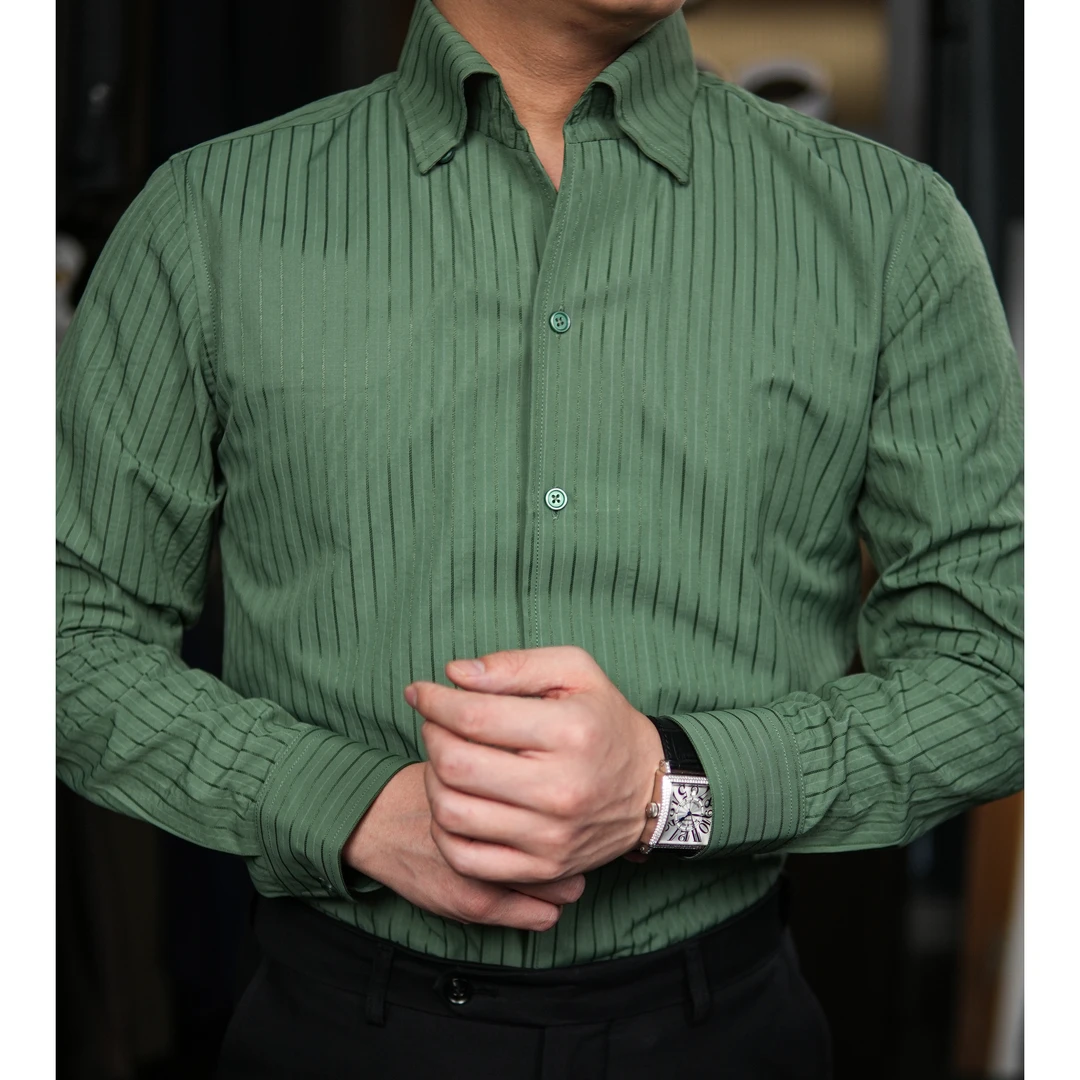 长绒棉泡泡纱三色长袖衬衫亲肤透气男士一片领衬衣百搭修身时尚男