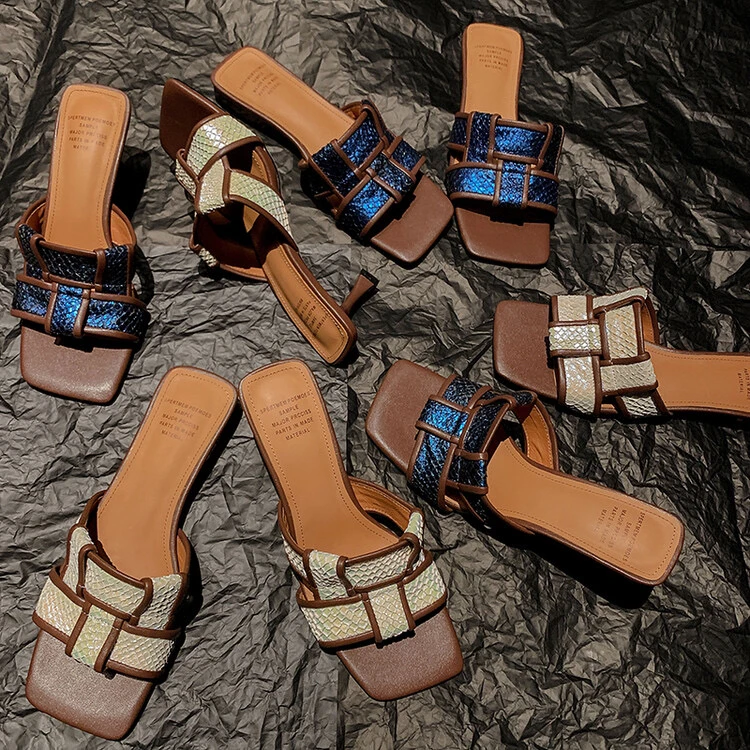 9919珍珠鱼皮拖鞋款凉鞋夏季外穿平底2.5cm高跟凉7.5cm