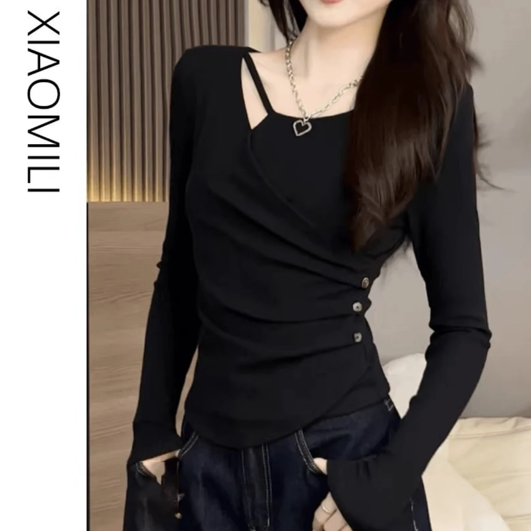 【8619】设计感抿襟假两件侧三扣洋气打底衫