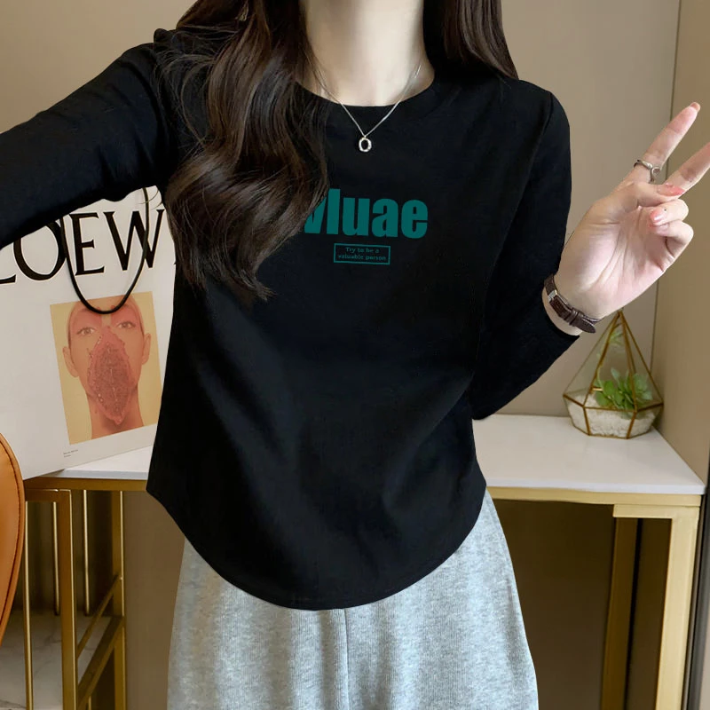 纯棉大码设计感圆弧下摆长袖T恤女士2023早秋新款修身百搭打底衫