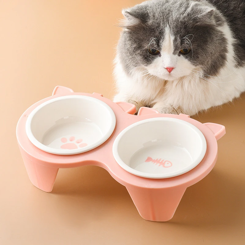 猫碗陶瓷猫食盆猫咪碗宠物碗斜口保护颈椎防打翻双碗喝水喂食一体
