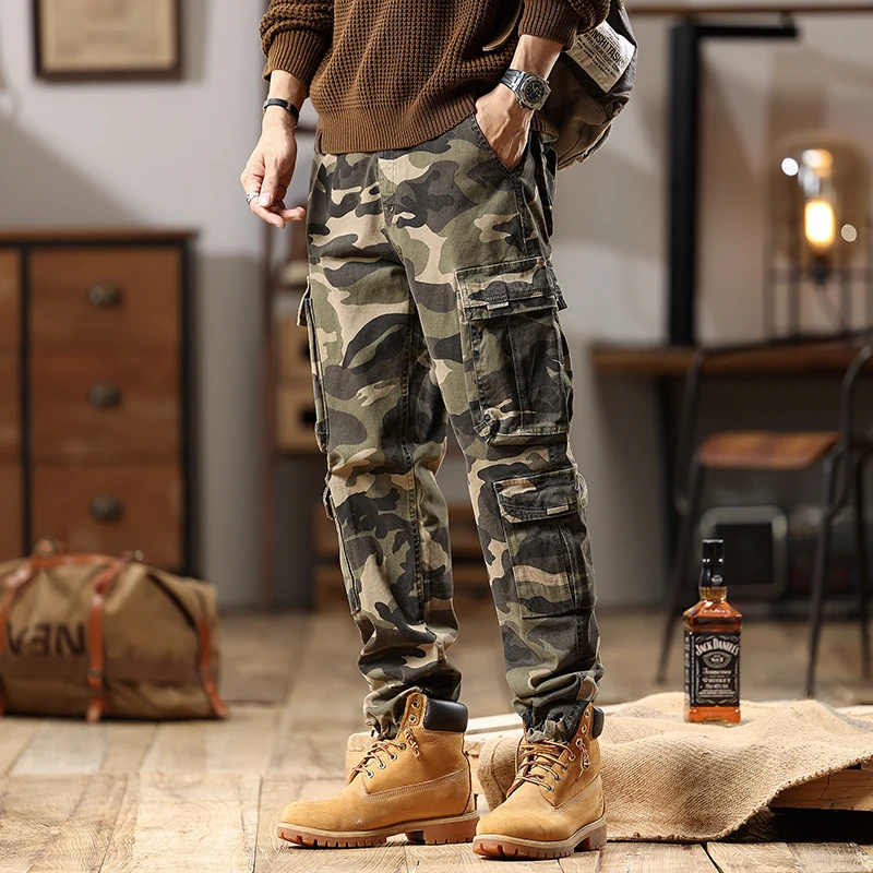 男款裤子百搭男生长裤迷彩宽松时尚束脚工装重磅水洗潮流工装裤