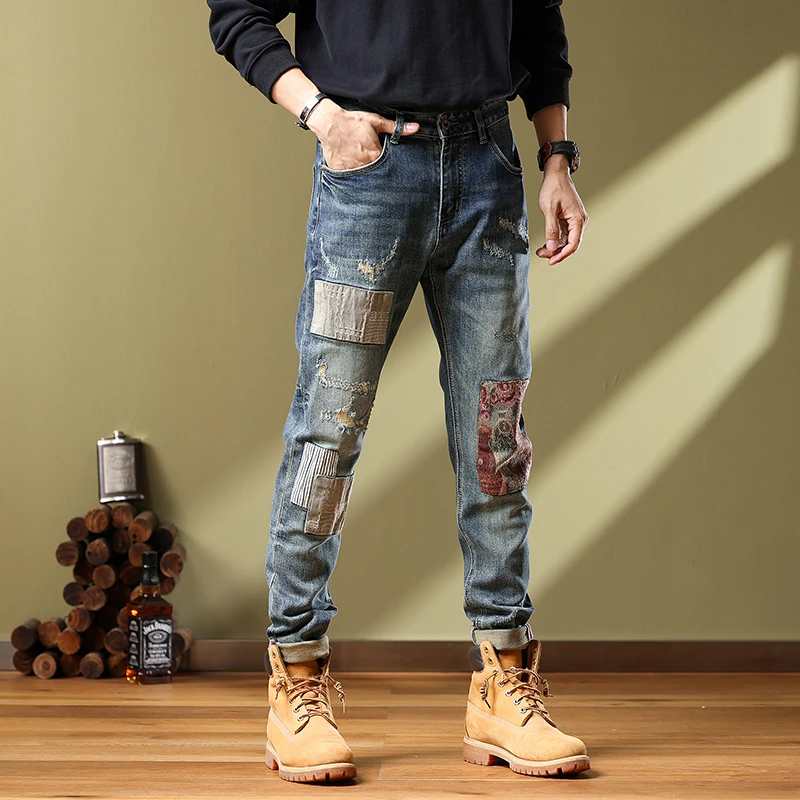美式高街牛仔裤男款修身小脚印花宽松破洞牛仔裤男潮流水洗百搭