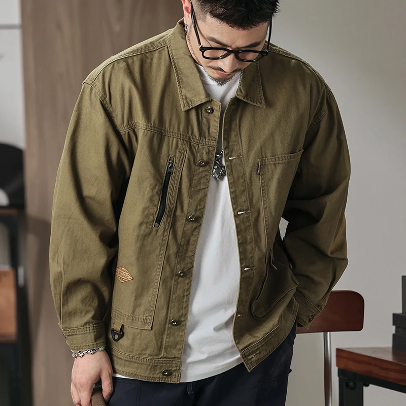 休闲男装经典鱼骨纹男士宽松夹克重磅绕织天然有机棉夹克外套男