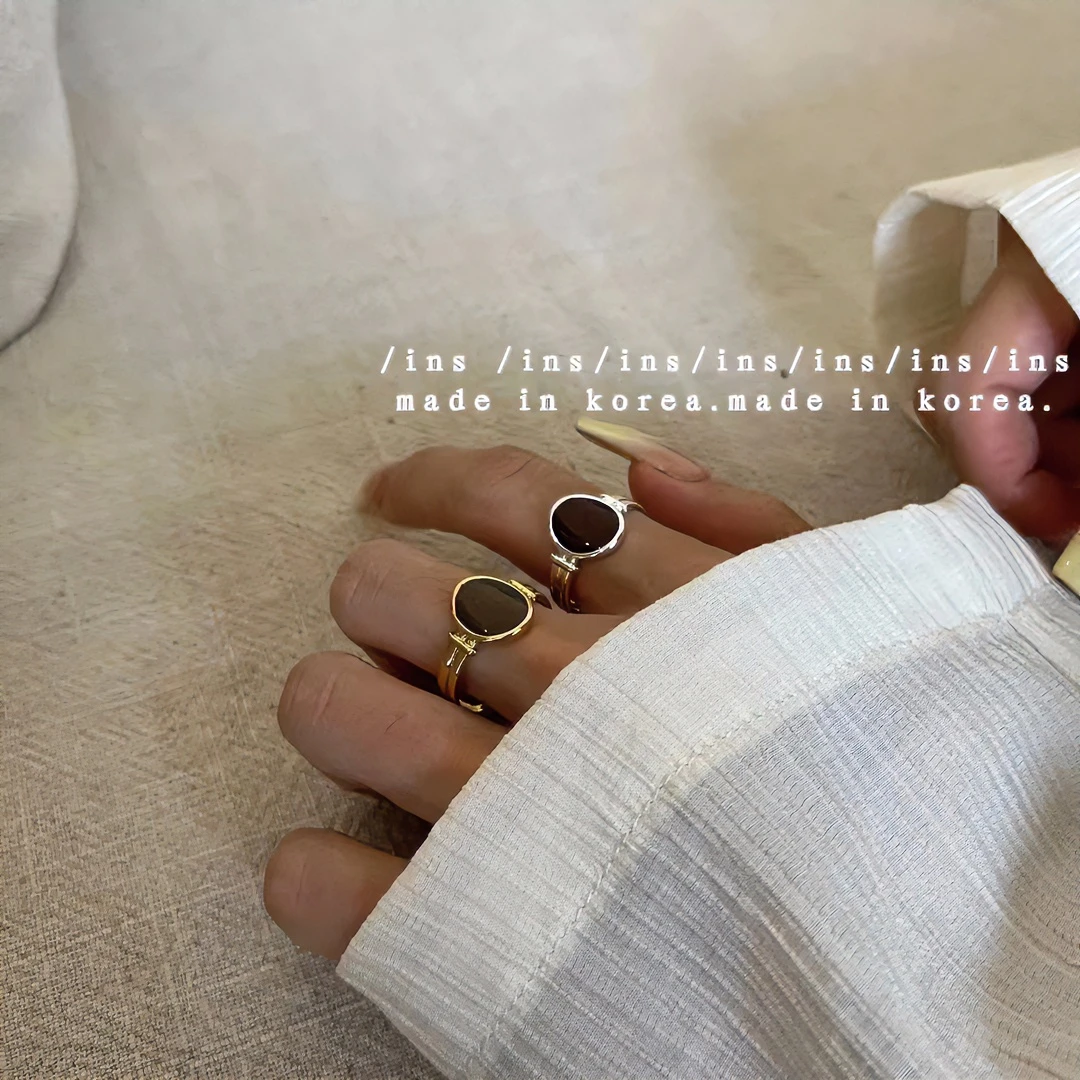 铜合金戒指 戒指气质百搭复古简约个性ins小众韩版 椭圆滴釉