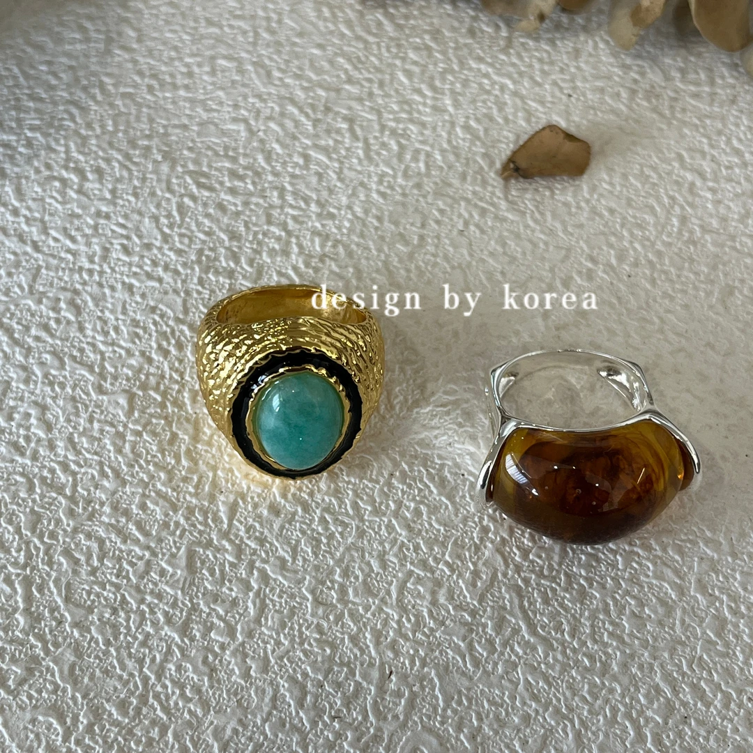 铜合金树脂戒指 小众设计感铜合金戒指欧美复古时尚珐琅镶嵌指环