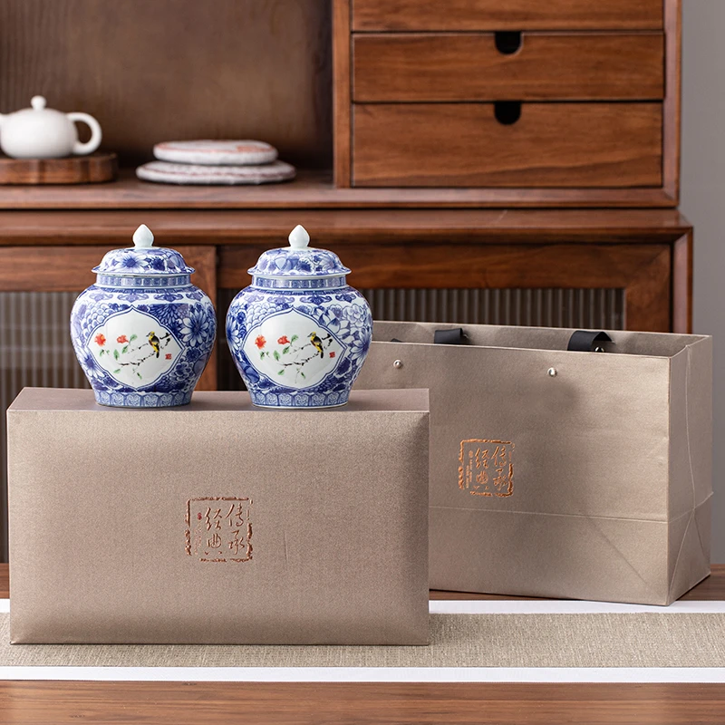 青花瓷茶叶罐陶瓷密封罐便携茶具茶仓礼盒包装空盒储存罐茶盒定制