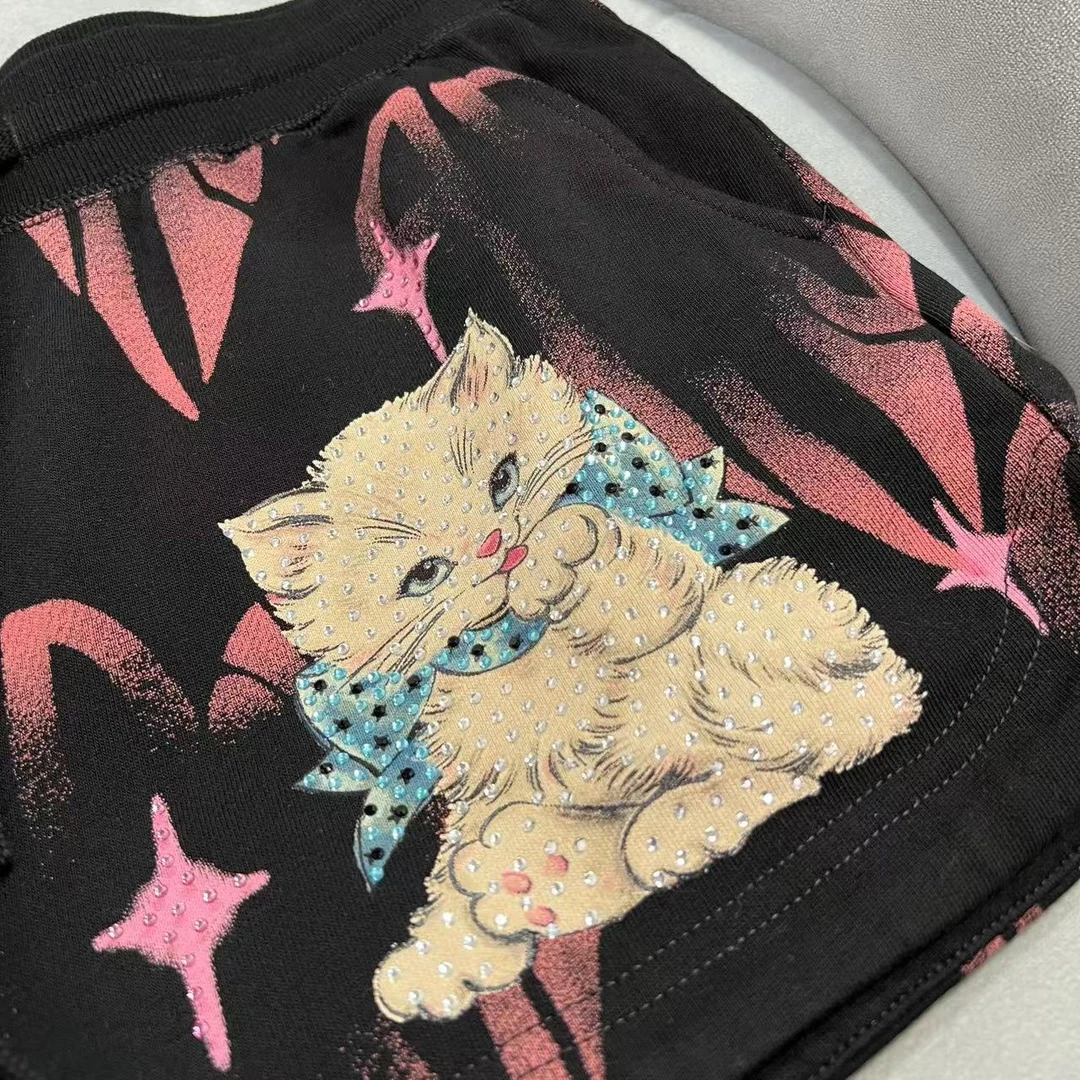 （2.20）EH F-4 潮牌女款猫咪烫钻印花时尚休闲短裤 CW156