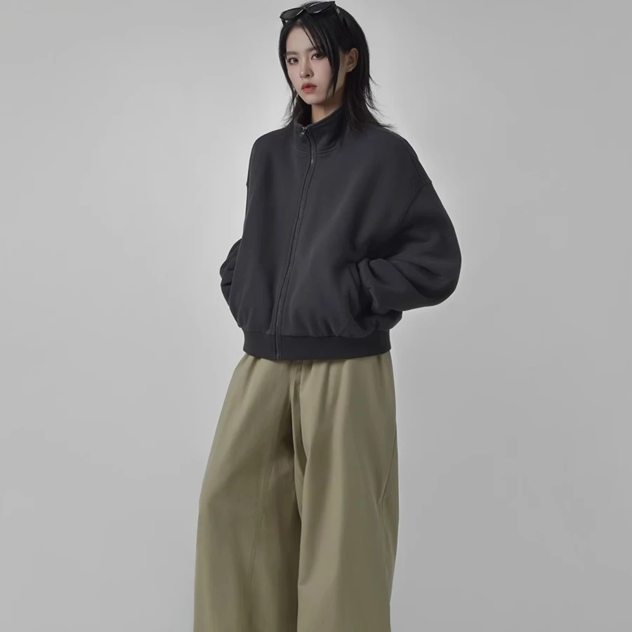 春季复古双色立领秋冬休闲百搭开衫卫衣女宽松运动短款薄绒外套