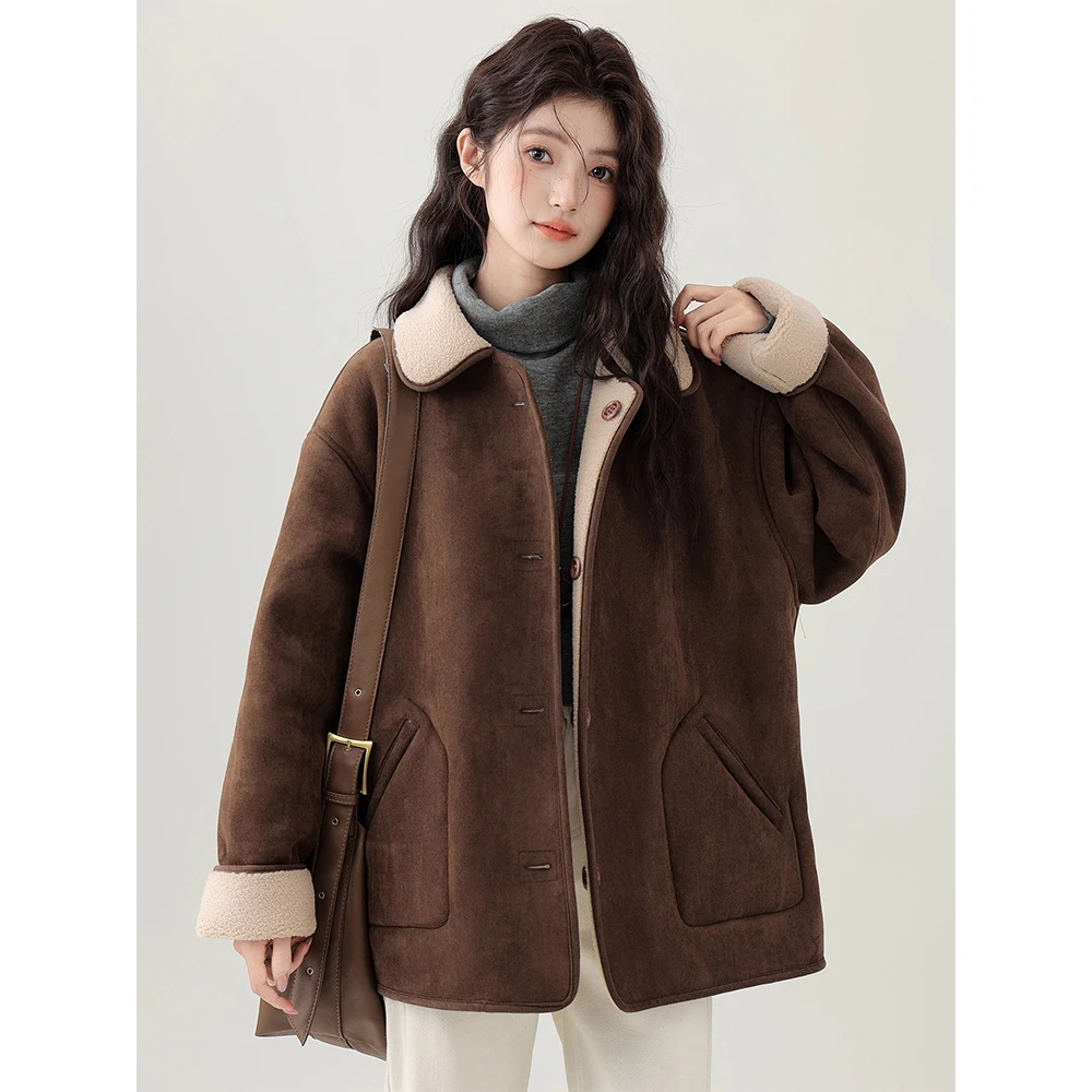 小秋家  冬季新款两面穿加厚夹克麂皮绒女复古皮毛一体短棉服外套