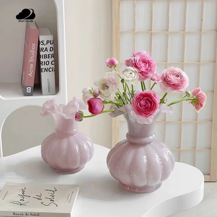 短云|北欧网红ins风芬顿琉璃简约奶油风玻璃花瓶中古高级感摆件