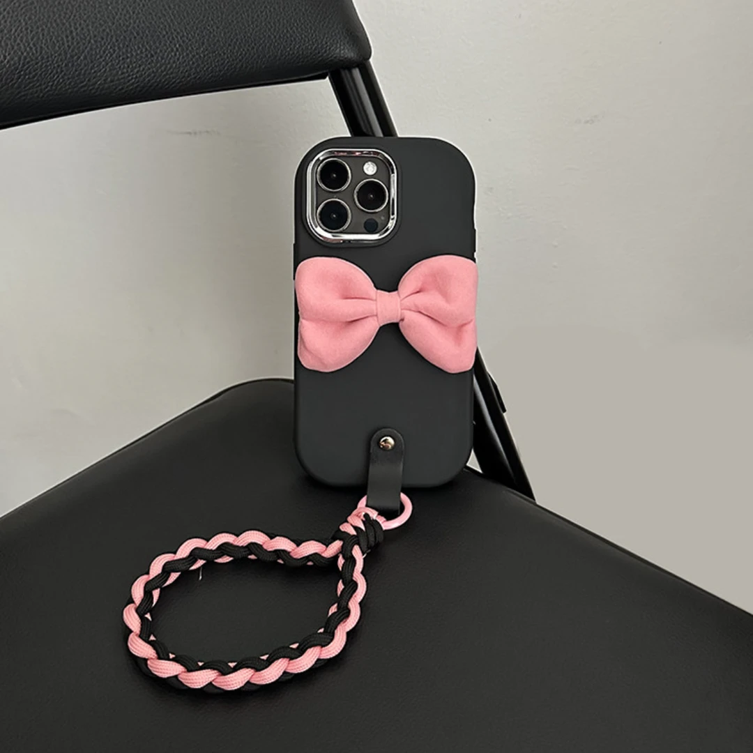 少女粉蝴蝶结编织短绳iPhone15promax苹果14手机壳女13/12防摔11x