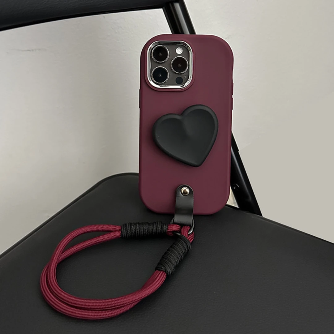 高级黑黑色爱心支架iPhone15promax手机壳苹果13腕带11新款12女