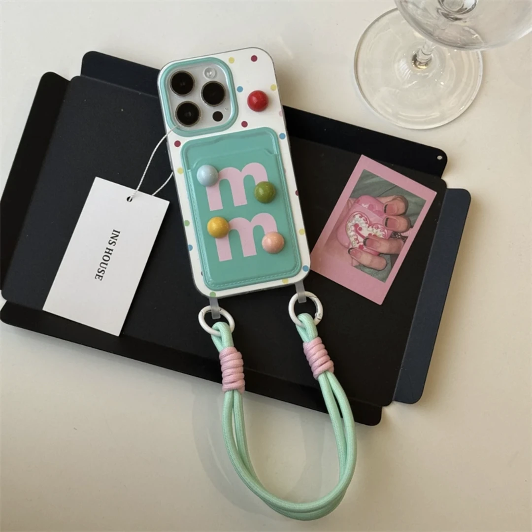 简约绿色M豆卡包适用iPhone15防丢手机壳苹果14/13创意挂绳12/11