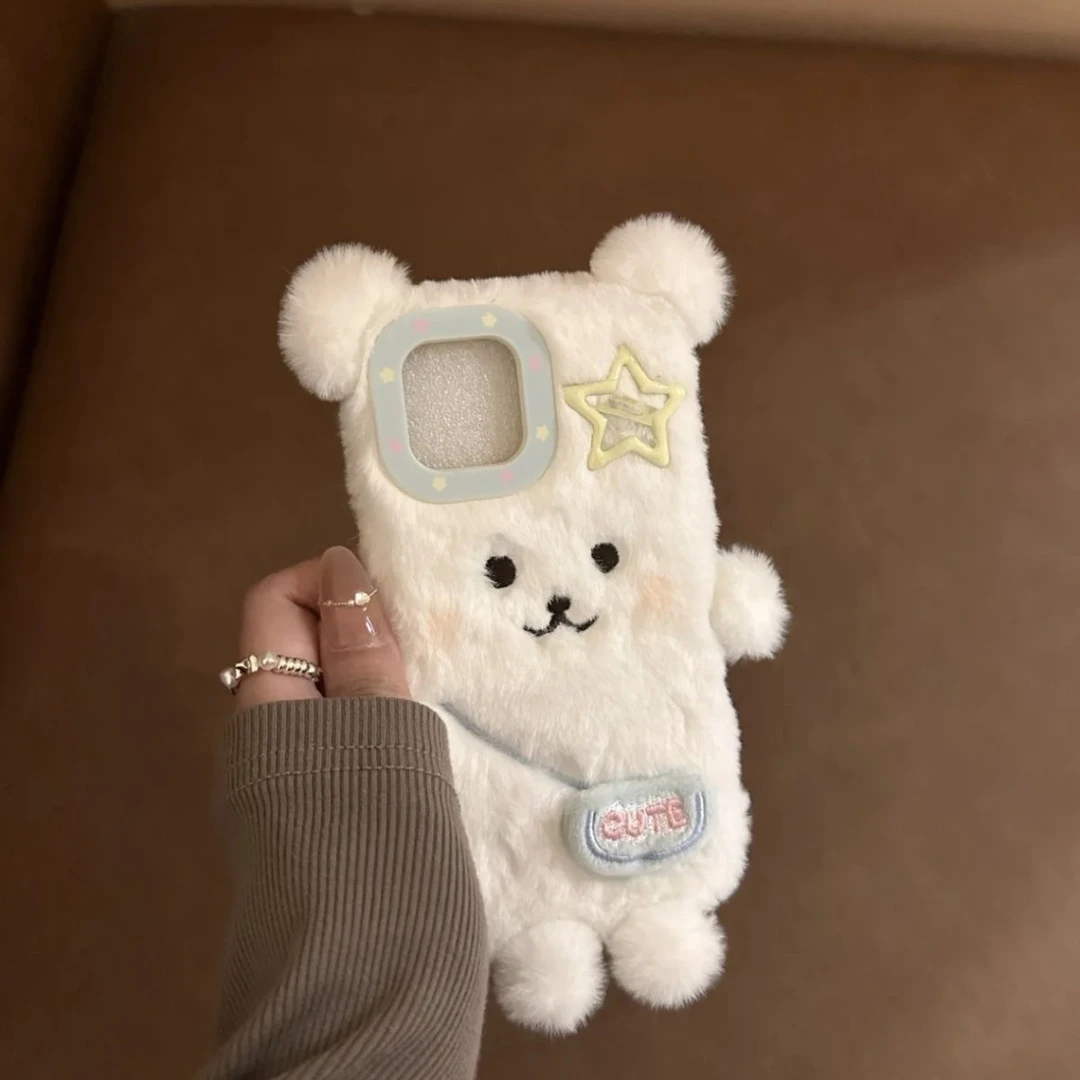 毛绒蝴蝶结自嘲熊适用iPhone16promax苹果15手机壳14全包13女12新