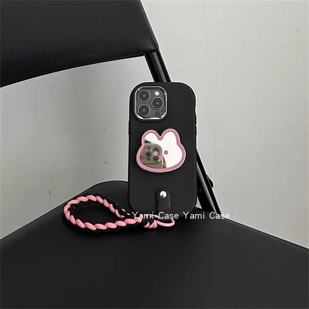 粉色镜面小兔支架腕带iPhone14promax手机壳苹果13挂绳12软11网红