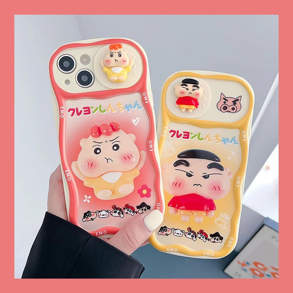 立体鼓脸小新小葵苹果13手机壳推窗支架iPhone14promax全包式12女