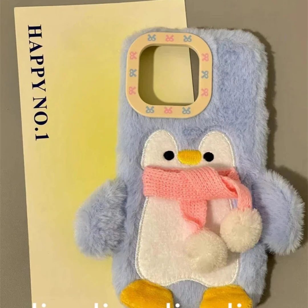 卡通秋冬毛绒蝴蝶结企鹅适用iPhone16promax苹果15手机壳14全包13