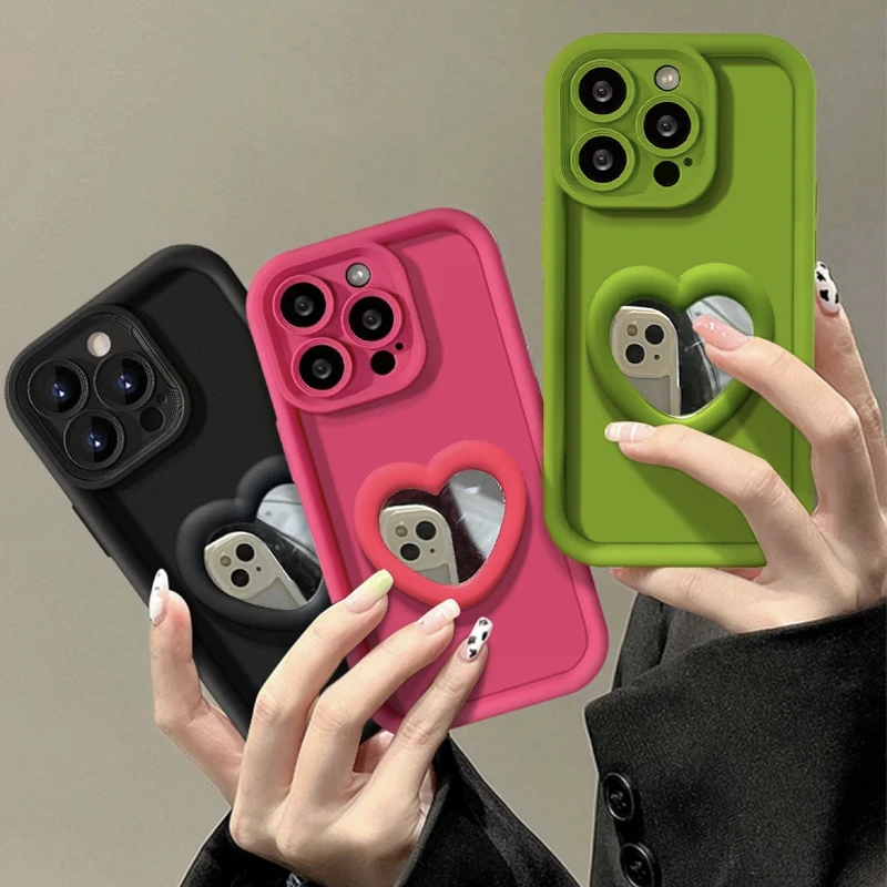 高质量爱心补妆镜支架iPhone15promax苹果14手机壳11新款12硅胶13