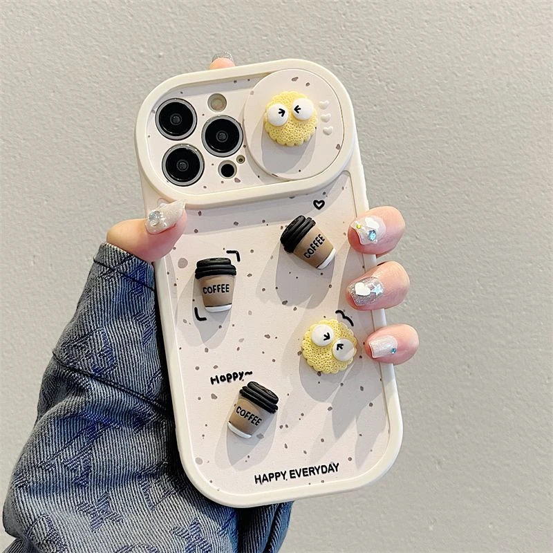 适用苹果14手机壳立体咖啡煤球小众新款iPhone13硅胶11拉窗全包12
