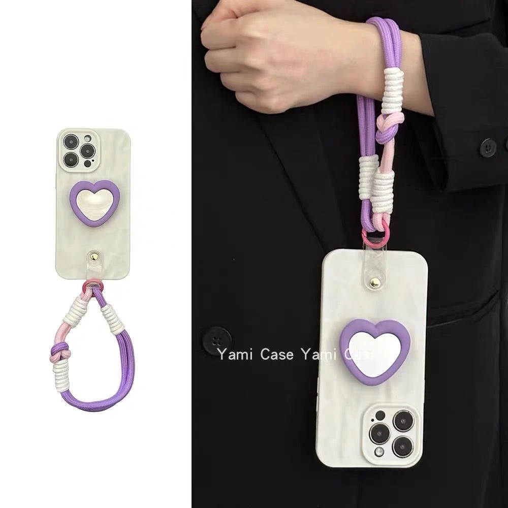 ins小众白色香芋紫爱心镜子支架iPhone14pro手机壳13全包14腕带15