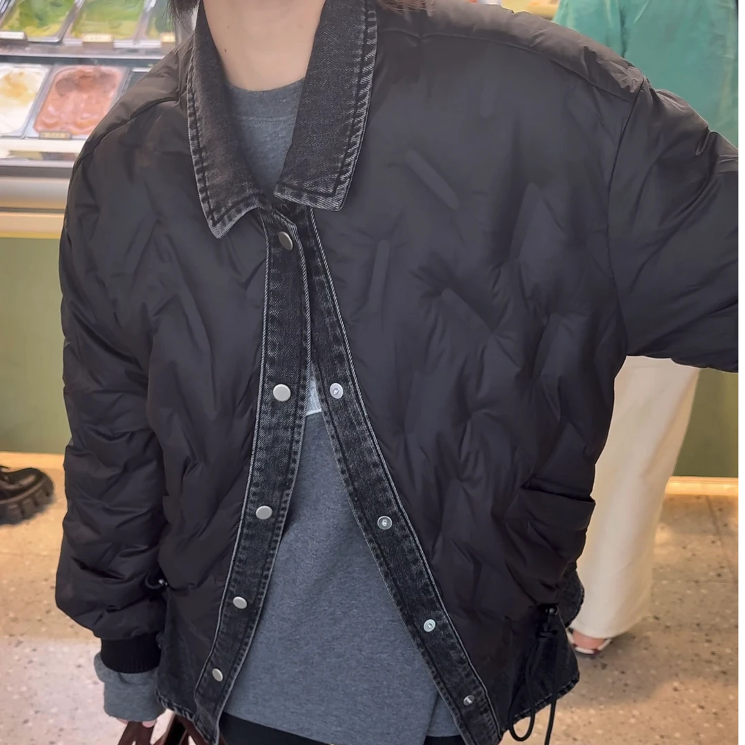 LYXZ秋季新品设时尚拼接牛仔下摆抽绳保暖羽绒服外套74136