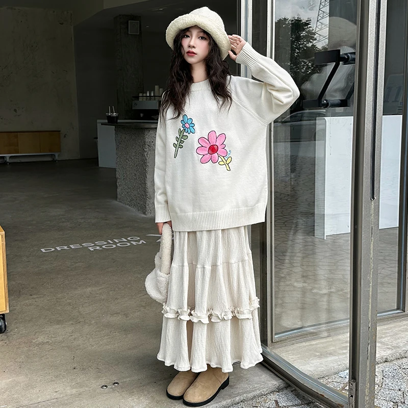 女童春秋毛衣2024新款韩系时髦中大童休闲甜美花朵针织衫半身裙潮