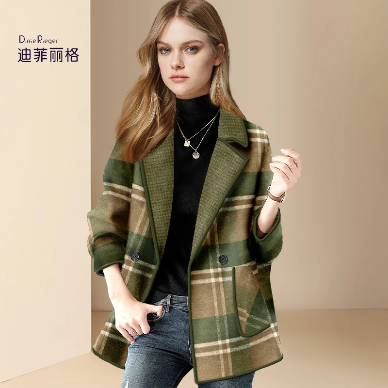 迪菲丽格西装领格子毛呢外套女2024年新款冬季小个子气质呢子大衣