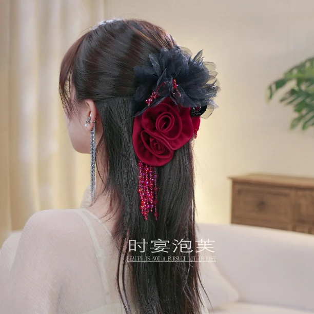 红昭愿原创定制新款玫瑰流苏抓夹薄纱高级感显发量盘发气质发饰女