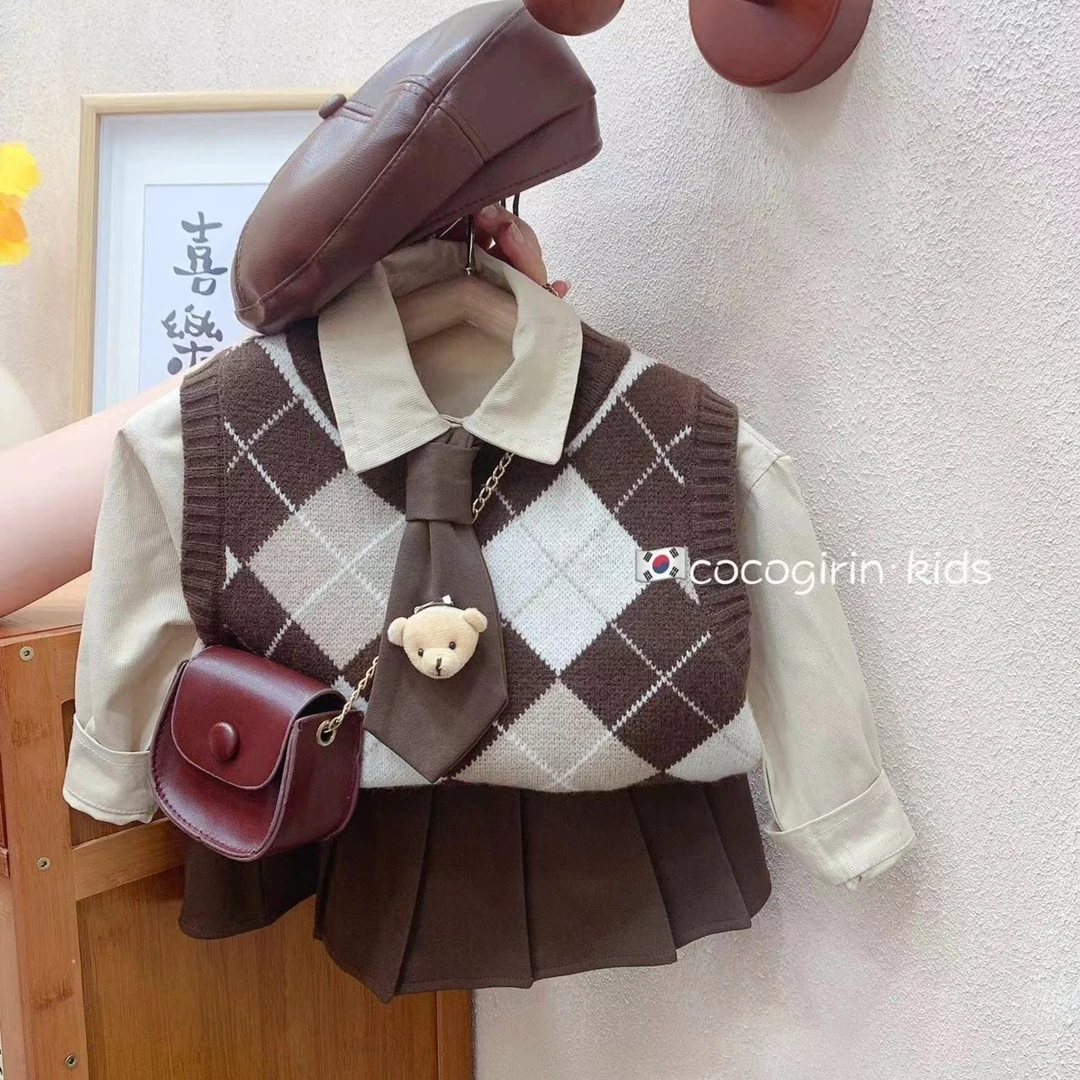 新款秋女童学院风衬衣马甲宝宝春秋三件套22618+22619+22620