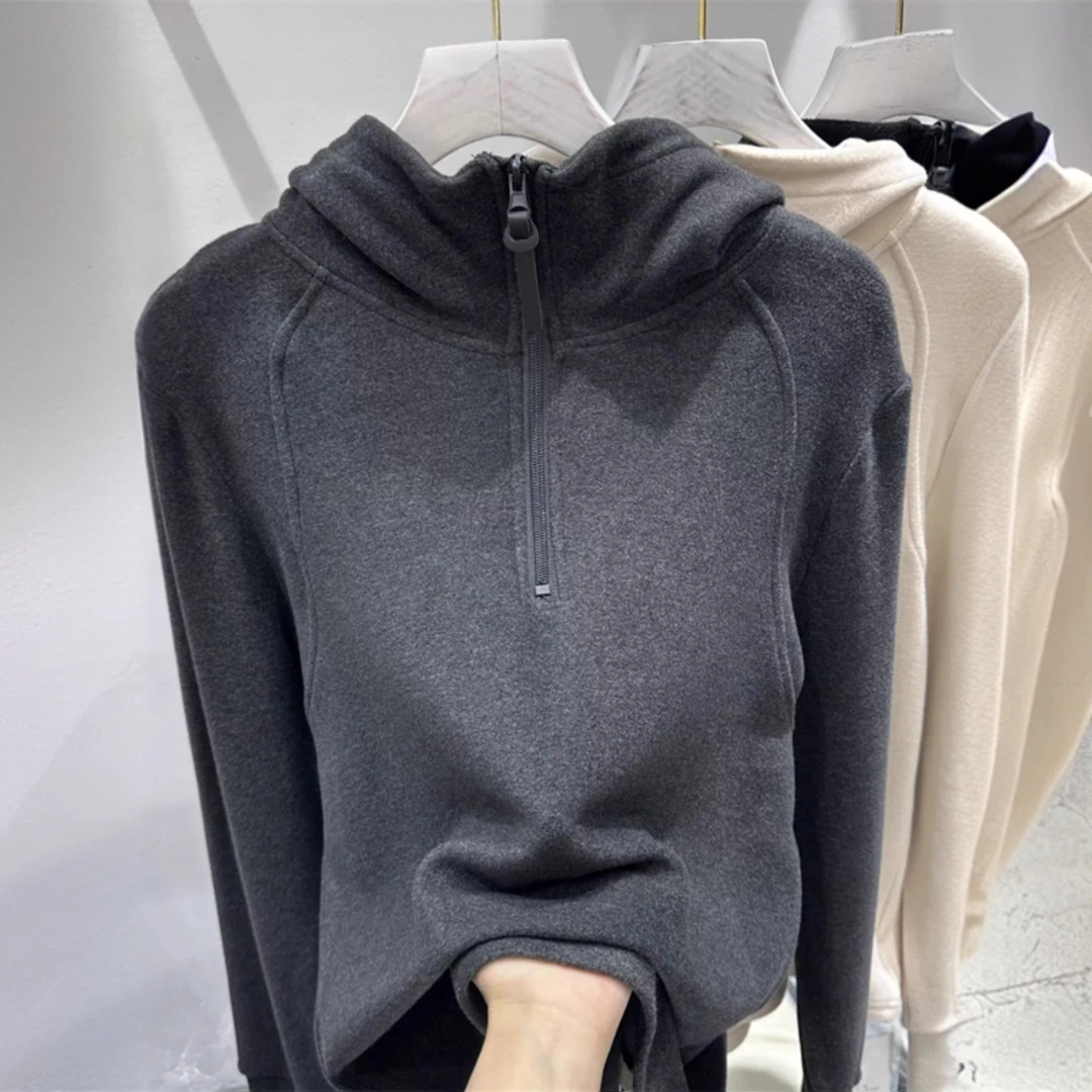 欧货半拉链连帽双面德绒打底衫女秋冬设计感加绒加厚卫衣减龄上衣