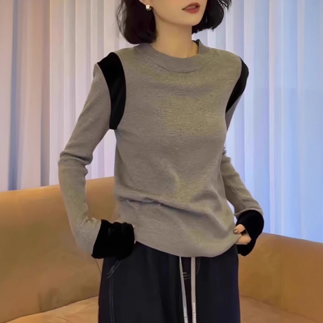 韩系正肩拼接打底衫女内搭2024秋季设计感独特别致长袖t恤小上衣