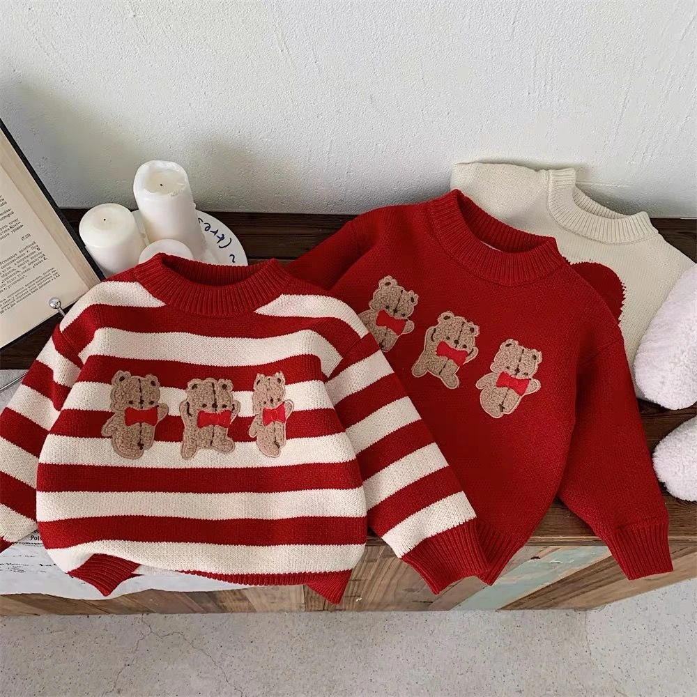 新年儿童红色毛衣春季季新款女童宝宝卡通小熊条纹针织衫洋气上衣