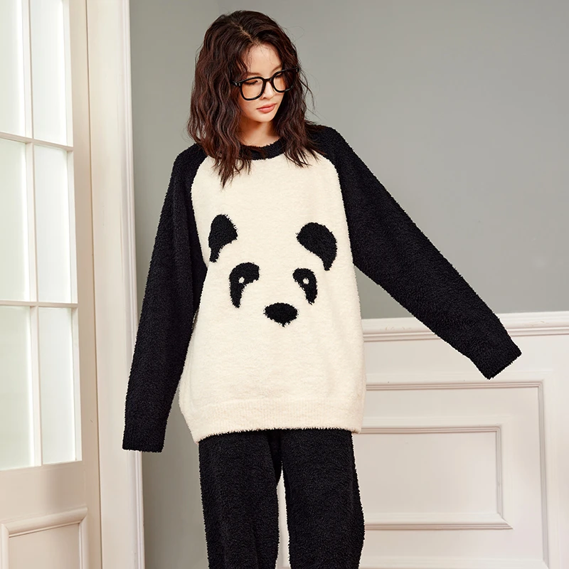 妍凯琳半边绒家居服睡衣秋冬加绒加厚熊猫卡通套头保暖女款可外穿