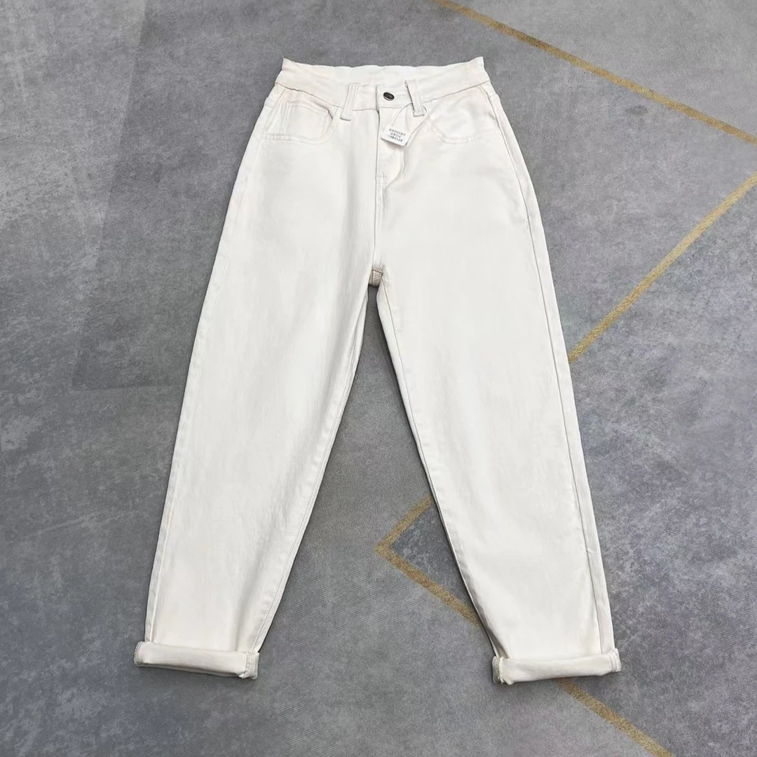 春季新款米白弹力牛仔高腰显瘦哈伦老爹裤女K906