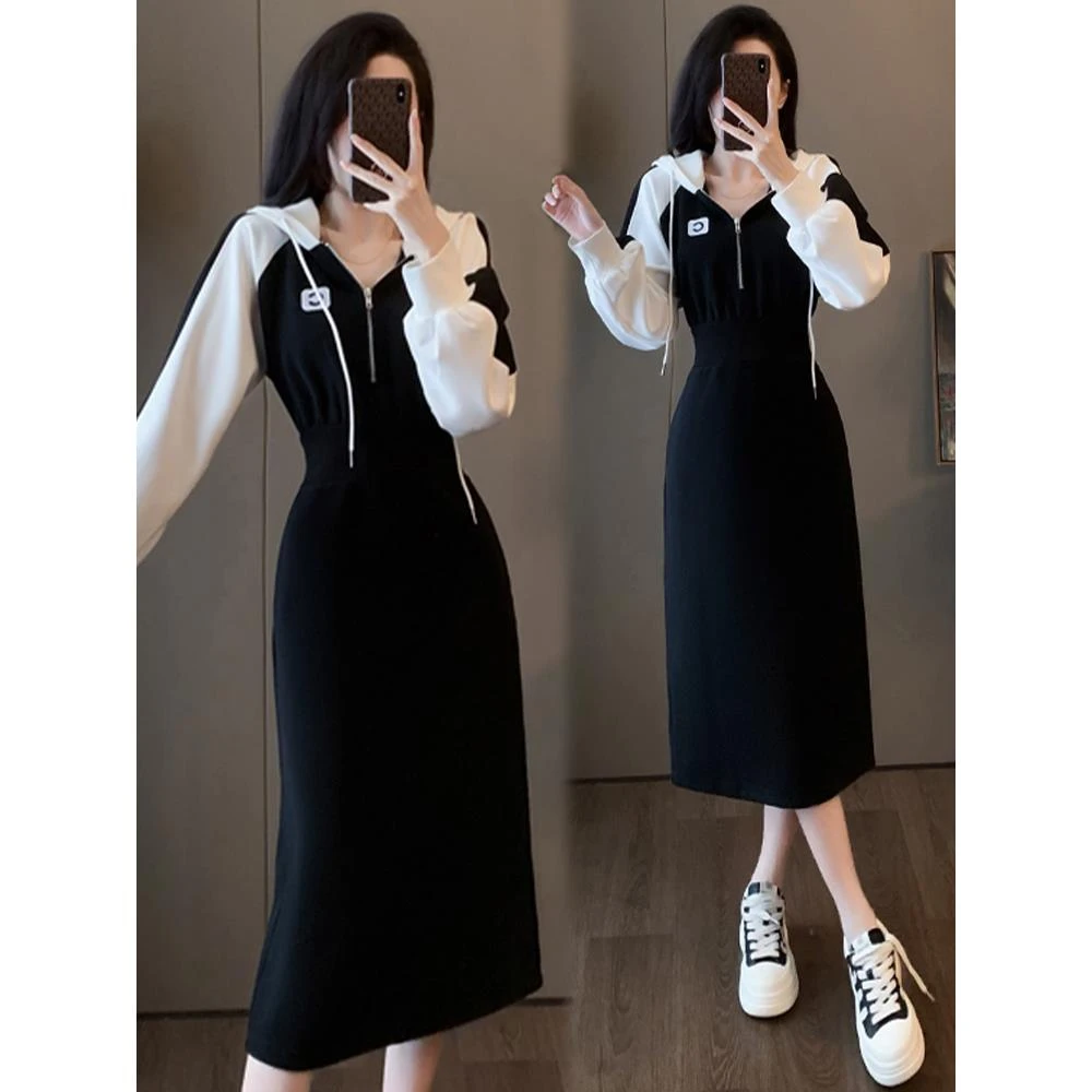 时尚长袖卫衣连衣裙女2025秋装收腰显瘦气质高级感赫本风中长裙子