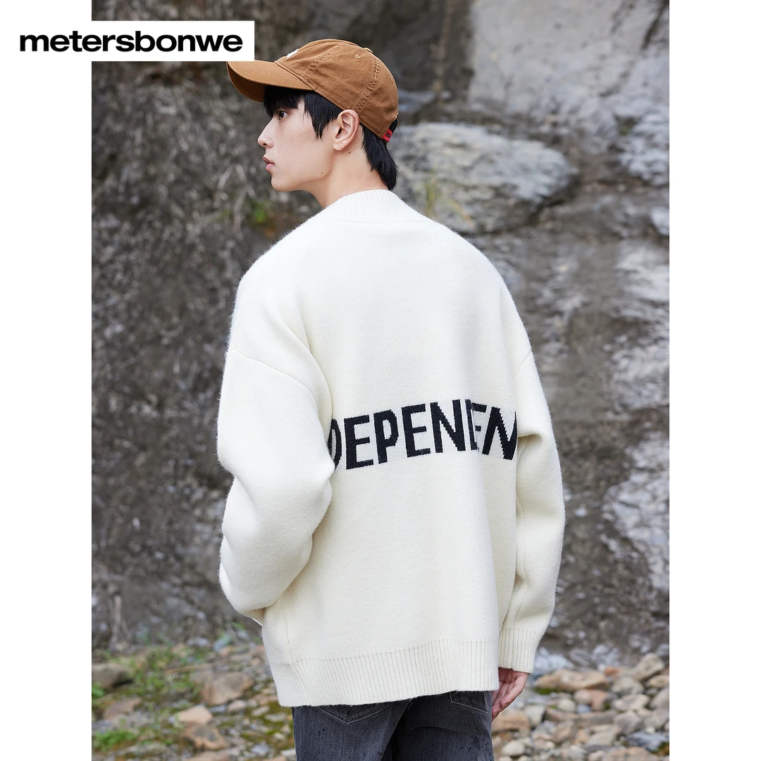 美特斯邦威毛衣男款冬季百搭宽松字母外套拉链毛针织开衫617025