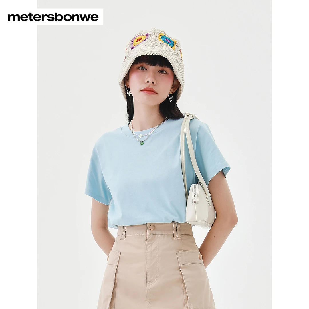美特斯邦威圆领短袖T恤女款纯色夏季百搭新款潮流女士上衣708581
