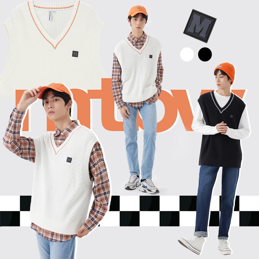 美特斯邦威秋冬男士马夹宽松百搭V领毛织条纹潮流时尚背心215089