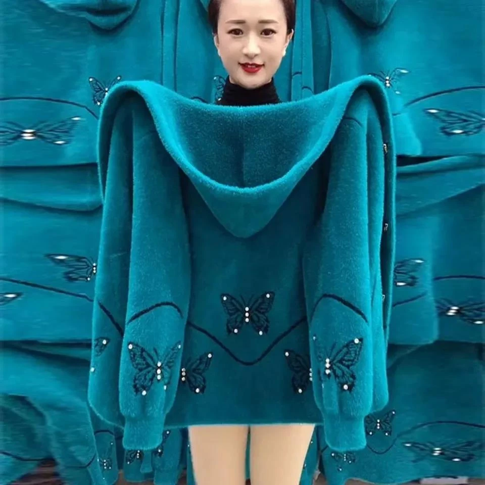 妈妈装仿水貂绒2022外套女秋冬新款加厚春季针织开衫连帽蝴蝶上衣