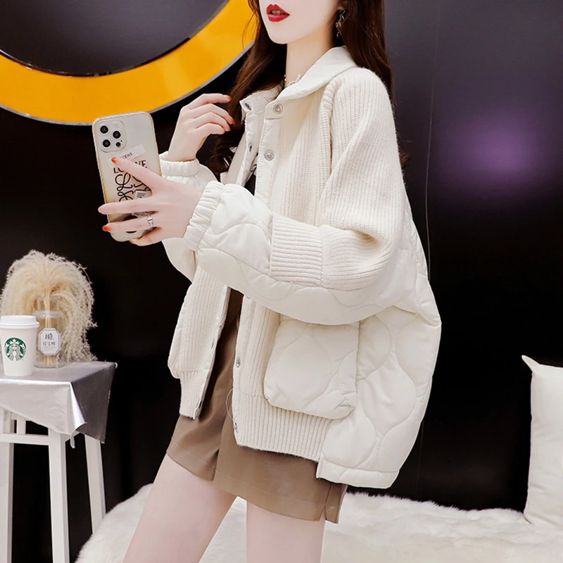 棉服开衫女冬季小个子设计感小众韩版毛衣拼接棉衣外套女2022新款