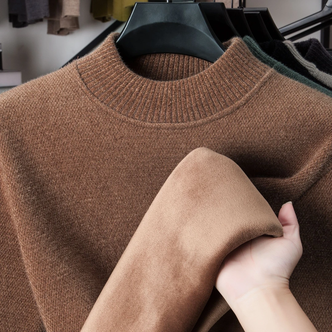 一体绒毛衣男秋冬新款保暖半高领加厚加绒磨毛商务秋装打底针织