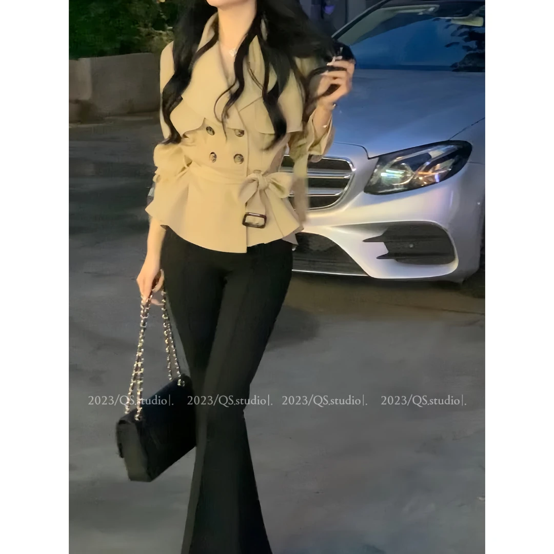 [-荞姗] 秋冬黑色西装加绒休闲裤高腰修身显瘦高弹微喇长裤032